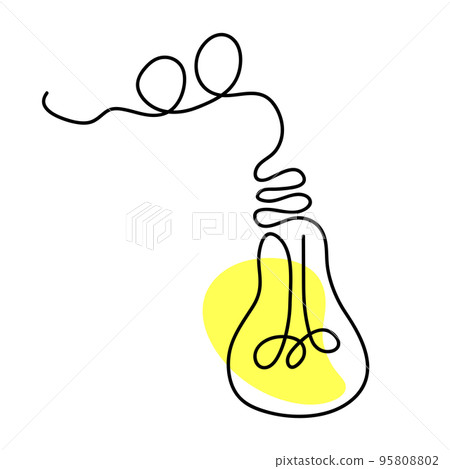 Hanging electric light bulb in line art style with yellow light. Vector minimalist linear lamp illustration.  95808802