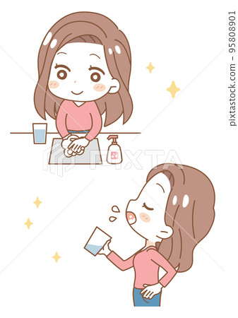 A set of women who gargle and wash their hands A set of women who gargle and wash their hands 95808901