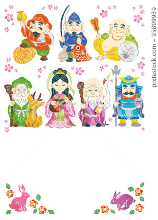 New Year's card 2023 Year of the Rabbit Seven Lucky Gods Vertical New Year's card 2023 Year of the Rabbit Seven Lucky Gods Vertical 95809939