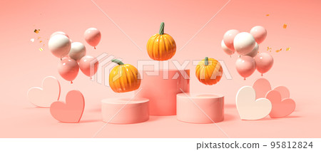 Autumn pumpkins with balloons and hearts - Harvest and Thanksgiving theme - 3D 95812824