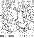 Cute bear botanist in glasses, explores new plants. Gardening grizzly. Animal in the forest. Vector coloring page children illustration. 95813406