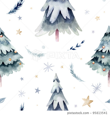 Watercolor Merry Christmas seamless pattern with snowman, christmas tree , snowman, holiday cute animals bunny rabbit, rabbit and baby deer . Christmas celebration cards. Winter new year 95813541