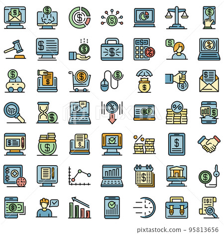 Online loan icons set. Outline set of online loan vector icons thin line color flat on white 95813656