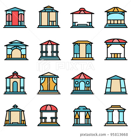 Gazebo icons set. Outline set of gazebo vector icons thin line color flat on white 95813668