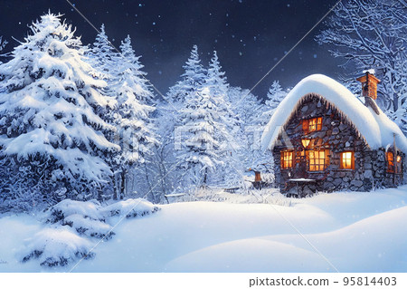 Christmas a small cottage on top 3D illustration Christmas a small cottage on top 3D illustration 95814403