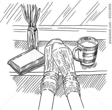 Winter happy holidays. Cozy Hygge atmosphere with book and coffee at the window Winter happy holidays. Cozy Hygge atmosphere with book and coffee at the window 95814956