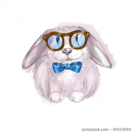 Cute cartoon pink rabbit in a glasses and bow tie. Isolated on white background 95814959