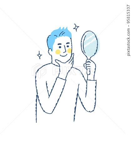 A man looking at his face in a hand mirror Positive 95815337