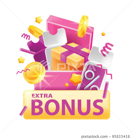 Discount bonus banner, open present box, gold lucky voucher, vector promotion loyalty program gift Discount bonus banner, open present box, gold lucky voucher, vector promotion loyalty program gift 95815418