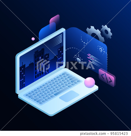 Build Your City in Metaverse Illustration. Creation Process Using a Laptop. Metaworld 95815423