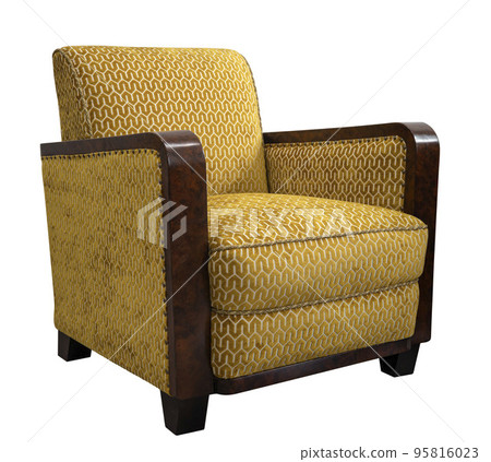 Classic armchair art deco style in orange velvet with wooden legs on white background. 95816023