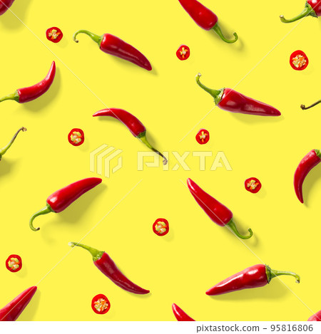 Seamless pattern made of red chili or chilli on yellow background. Minimal food pattern. Red hot chilli seamless peppers pattern. Food background. Seamless pattern made of red chili or chilli on yellow background. Minimal food pattern. Red hot chilli seamless peppers pattern. Food background. 95816806