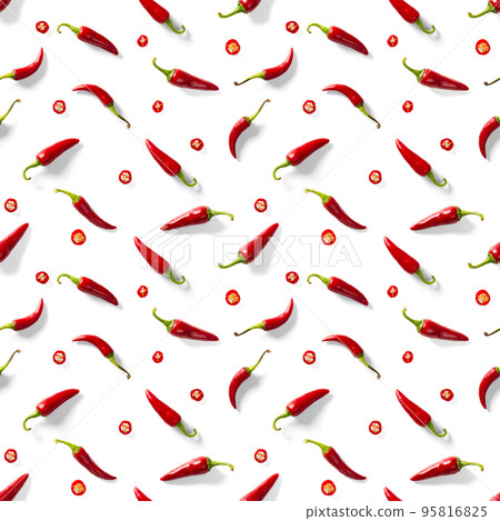 Seamless pattern made of red chili or chilli on white background. Minimal food pattern. Red hot chilli seamless peppers pattern. Food background. Seamless pattern made of red chili or chilli on white background. Minimal food pattern. Red hot chilli seamless peppers pattern. Food background. 95816825