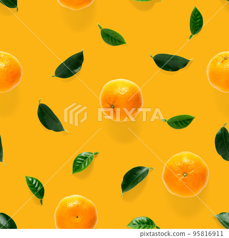 Mandarine seamless pattern, tangerine, clementine isolated on orange background with green leaves. Collection of fine seamless patterns. Mandarine seamless pattern, tangerine, clementine isolated on orange background with green leaves. Collection of fine seamless patterns. 95816911