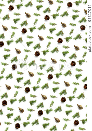 Pine cone Christmas background on green. Pine branches and cones. minimal creative cone arrangement pattern. flat lay, Modern christmas Background. 95817013