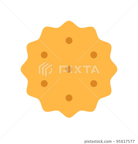 Crispy cheese cracker isolated on white background. Round shaped salted crunchy meal sign or logo flat design. Yellow baked wheat dessert. Healthy breakfast cookie top view vector illustration. 95817577