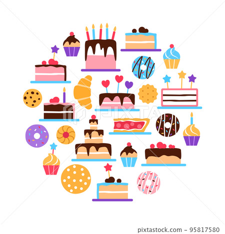 Pastry circle flat concept on white background. Colorful elements. Danish pastries patisserie for cafe restaurant menu banner design. Cake donut bun cookie croissant pie slice vector illustration. Pastry circle flat concept on white background. Colorful elements. Danish pastries patisserie for cafe restaurant menu banner design. Cake donut bun cookie croissant pie slice vector illustration. 95817580