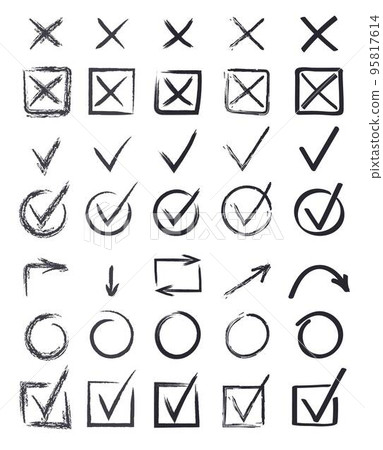 Check and cross mark vector set. Marker cross brush signs. OK and X icons in hand drawn style. Super check mark hand drawn. YES and NO button. 95817614