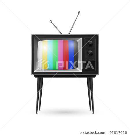 Vector 3d Realistic Retro Striped Screen TV Receiver Isolated on White Background. Home Interior Design Concept. Vintage TV Set, Television, Front View 95817636