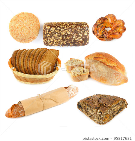 Set of bread and bakery products isolated on white. Collage. Set of bread and bakery products isolated on white. Collage. 95817681