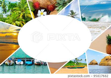 Tropical seascape, exotic fruits and palm trees. Collage for vacation advertising. Free space for text. Tropical seascape, exotic fruits and palm trees. Collage for vacation advertising. Free space for text. 95817682