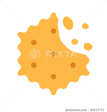 Crispy cheese cracker with chips isolated on white background. Salted crunchy meal sign or logo flat design. Yellow baked wheat dessert with crumb. Healthy breakfast broken cookie illustration. 95817717