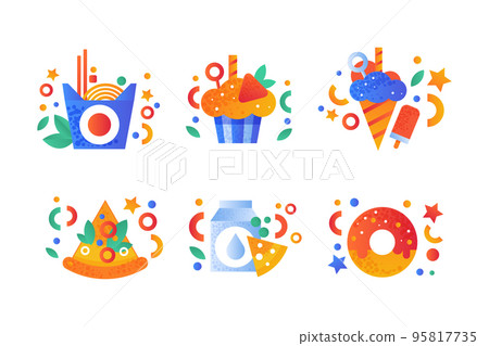 Food Snacks Flat Icon and Pictogram with Noodles, Cupcake, Ice Cream, Pizza and Donut Vector Set 95817735