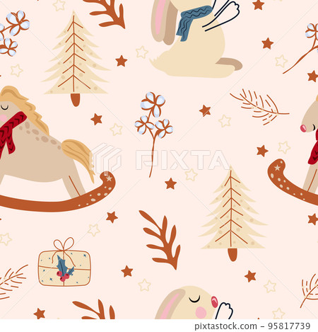 Winter seamless pattern with cute rabbit in a scarf, rocking horse in vintage style, Christmas tree, bright berries and flowers.Pattern can be used as textile, fabric, wallpaper, banner and other 95817739