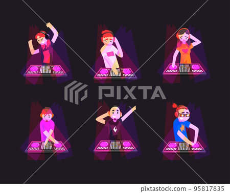Man and Woman Dj Characters at Night Club Mixing Music Vector Set Man and Woman Dj Characters at Night Club Mixing Music Vector Set 95817835