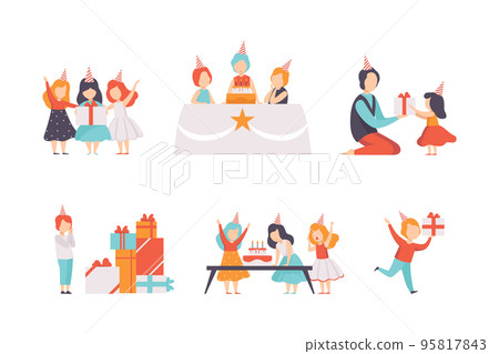 Cute Little Kids in Cone Hat Celebrating Their Birthday Receiving Gifts and Having Fun at Party Vector Set 95817843