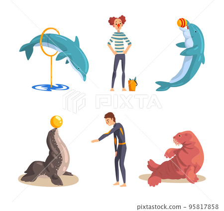 Oceanarium or Dolphinarium with Sea Animals and Trainers Performing Stunt Vector Set 95817858