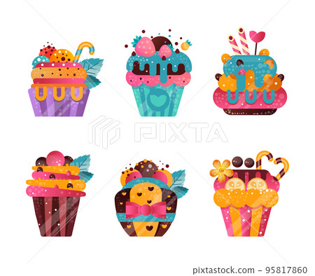 Colorful Creamy Cupcakes with Fruit and Chocolate Topping and Sprinkles Vector Set 95817860