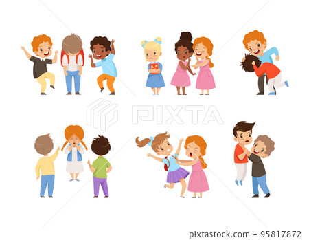 Angry Kids Bullying and Abusing the Weak Agemate Teasing and Laughing at Them Vector Set 95817872