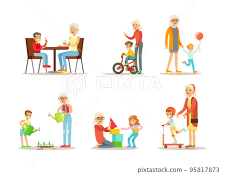 Senior Granny Spending Time with Grandchildren Eating Ice Cream, Riding Bicycle, Walking, Gardening, Riding Scooter and Playing Toy Blocks Vector Set 95817873