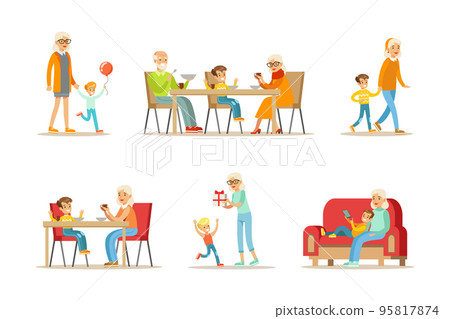 Senior Granny Spending Time with Grandchildren Walking, Drinking Tea, Giving Gift Box and Resting on Sofa Vector Set 95817874