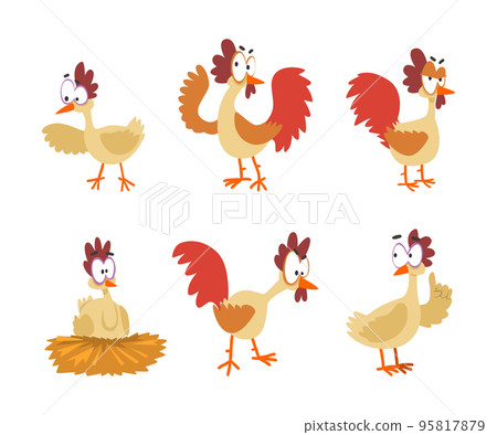 Funny Hen with Big Eyes as Feathered Domestic Bird in Various Pose Vector Set Funny Hen with Big Eyes as Feathered Domestic Bird in Various Pose Vector Set 95817879