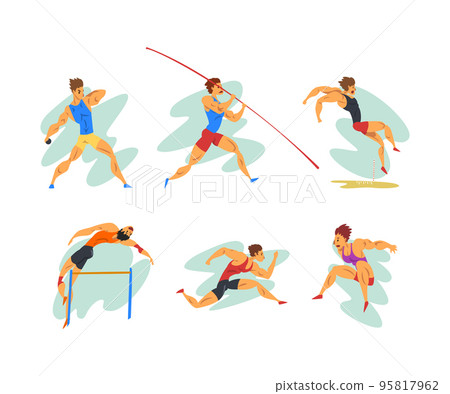 Professional Man Athlete Running, Jumping, on Barbell and Ball Throwing Vector Set Professional Man Athlete Running, Jumping, on Barbell and Ball Throwing Vector Set 95817962