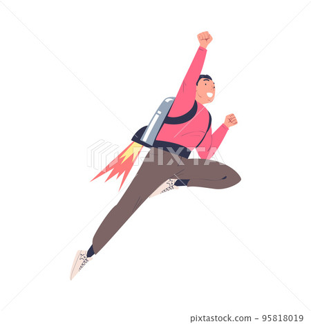 Happy Man Character with Jetpack Flying Propelling Through the Air Vector Illustration 95818019