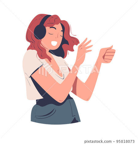 Happy Woman with Headphones Listening to Music and Dancing Vector Illustration Happy Woman with Headphones Listening to Music and Dancing Vector Illustration 95818073