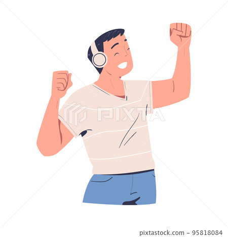 Happy Man with Headphones Listening to Music and Dancing Vector Illustration 95818084