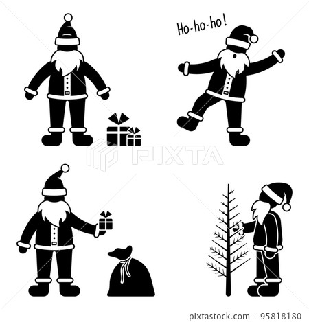 Stickman Santa Claus vector set. Waving ho ho ho, holding New Year tree and presents bag icon stickman pictogram Stickman Santa Claus vector set. Waving ho ho ho, holding New Year tree and presents bag icon stickman pictogram 95818180