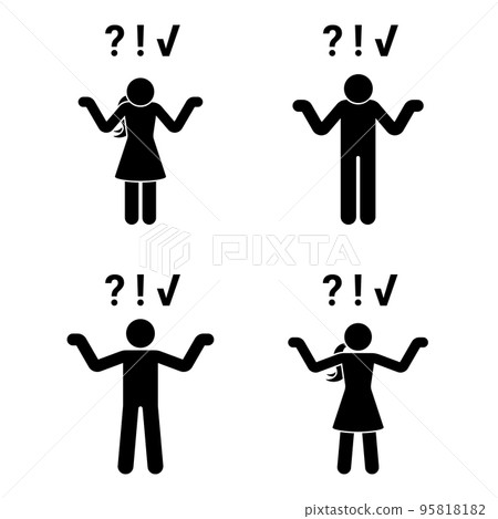 Stick figure man and woman problem solution concept vector illustration set. Question, idea, realization pictogram Stick figure man and woman problem solution concept vector illustration set. Question, idea, realization pictogram 95818182