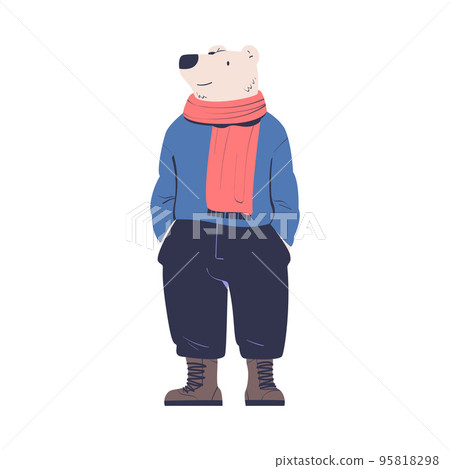 Man Polar Bear Character with Animal Head Standing Wearing Boots and Scarf Vector Illustration Man Polar Bear Character with Animal Head Standing Wearing Boots and Scarf Vector Illustration 95818298