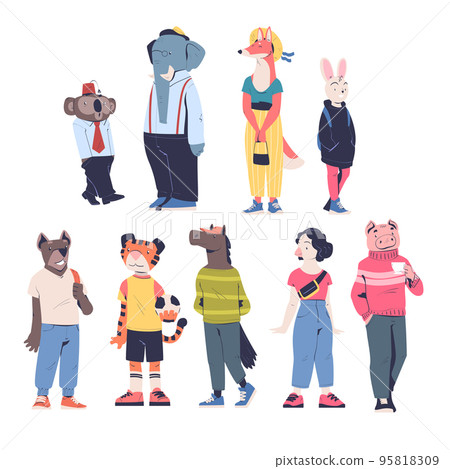 People Character with Animal Head Standing Wearing Trendy Clothes Vector Set People Character with Animal Head Standing Wearing Trendy Clothes Vector Set 95818309