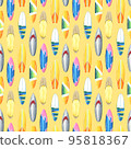 Different, bright surfboards, colorful. Watercolor illustration. Seamless pattern on orange background from the SURFING collection. For decoration and design of summer, beach, sea 95818367