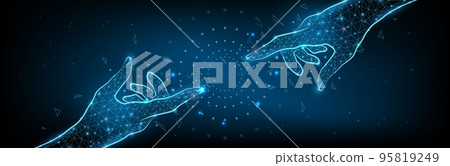 Creation AI concept - two hands reach for each other connecting, polygonal style starry sky or space, consisting of points, lines, and shapes with destruct shapes. Futuristic vector illustration 95819249