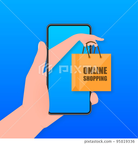 Flat shop, great design for any purposes. 3d hand with bag. Flat vector illustration. Online shop Flat shop, great design for any purposes. 3d hand with bag. Flat vector illustration. Online shop 95819336