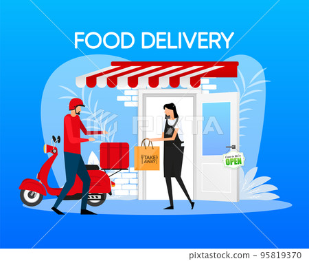 Fast delivery by scooter on mobile. E-commerce concept. Online food order infographic. Fast delivery by scooter on mobile. E-commerce concept. Online food order infographic. 95819370