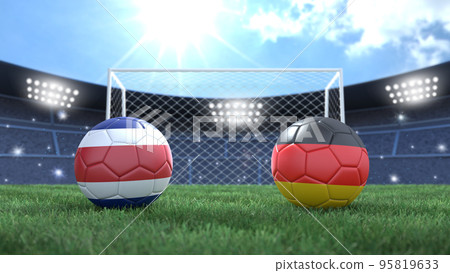 Two soccer balls in flags colors on stadium bright blurred background. Costa Rica and Germany. 3d image 95819633