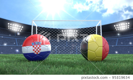 Two soccer balls in flags colors on stadium bright blurred background. Croatia and Belgium. 3d image Two soccer balls in flags colors on stadium bright blurred background. Croatia and Belgium. 3d image 95819634